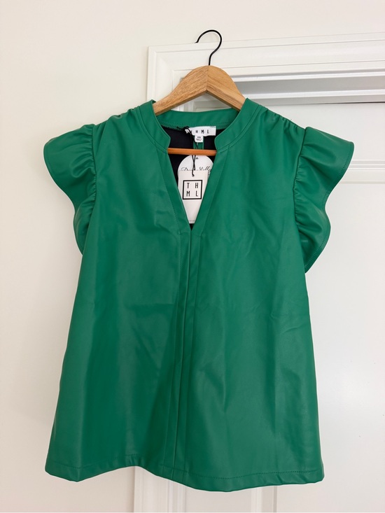 THML Tops - THML Emerald Green Ruffle Sleeve Vegan Leather Top